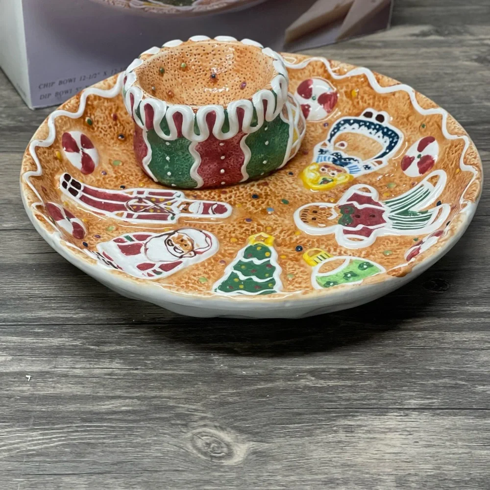 🎄Cardinal Gingerbread Chip & Dip Set Handpainted Ceramic Holiday Christmas Bowl